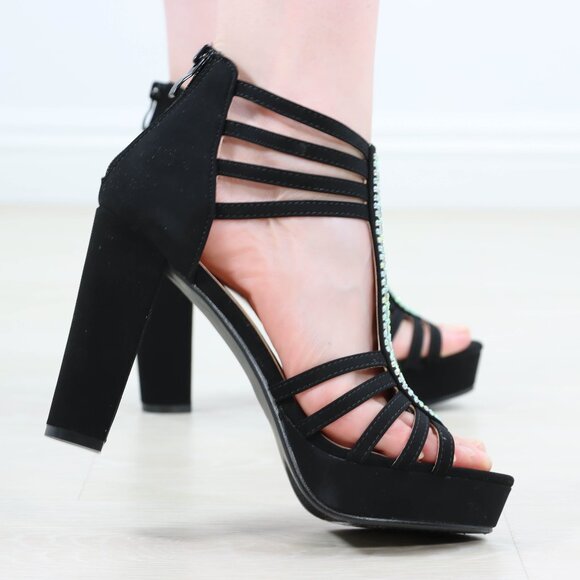 Black Rhinestone T-Strap Platform Sandals Women’s Block Heel Evening Party Shoes - Picture 5 of 16